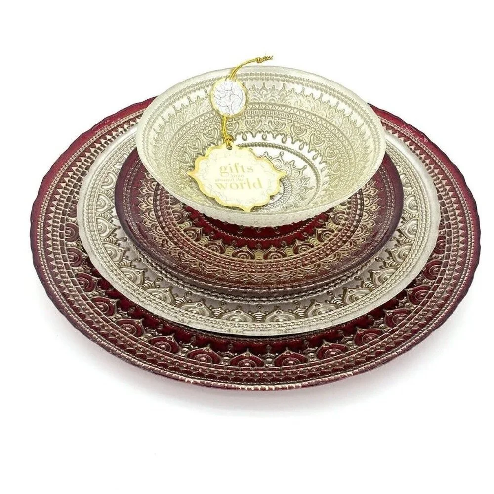 TURKISH GLASS White Entrée Plates Hand Painted Gold Lace Set of 4 NWT Glass